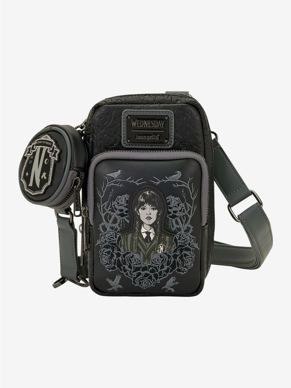 NWT Loungefly Wednesday Black Roses Phone Crossbody Bag with coin pouch
